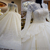 Vintage Unique Gorgeous Ball Gown Full Ivory Lace Beading Long Sleeve Elegant Lace Up Back Wedding Dress